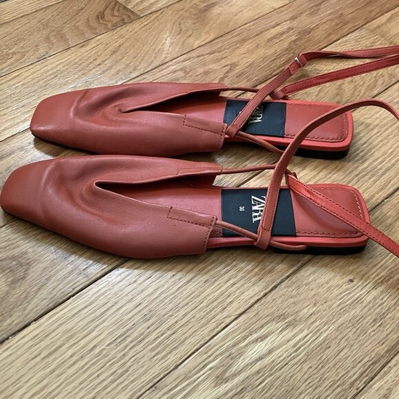 Zara Leather Flats Womens EU 38 US 7.5 Rust Orange Square Toe Strap Ballet - Picture 3 of 9